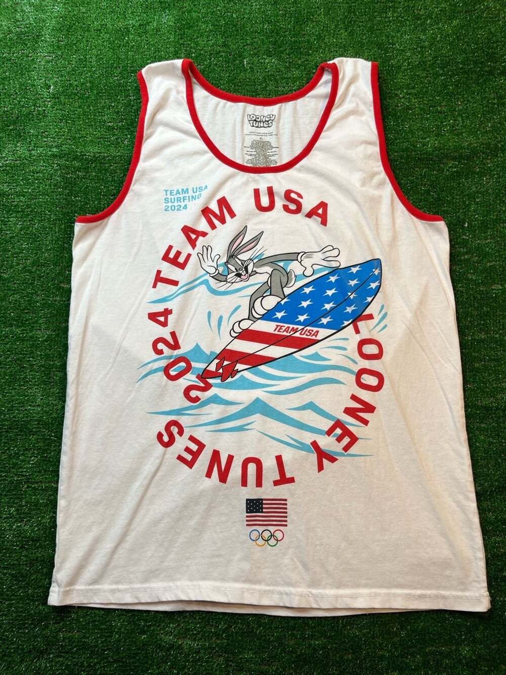 Looney Tunes Team USA Surfing 2024 Tank Top Size XL White Graphic